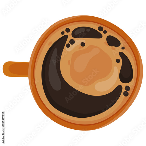 Minimalist flat illustration of a coffee cup filled with dark espresso or americano. Top view of a caffeine drink with bubbles isolated on white background