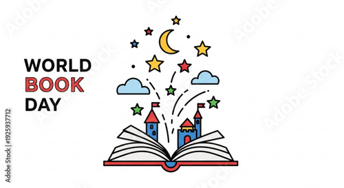World book day illustration with open book castle stars moon and clouds symbolizing reading and imagination