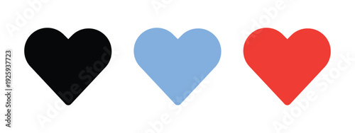 Set of filled heart icons in black, blue, and red colors, isolated on white background, perfect for reactions, likes, and modern interface design.