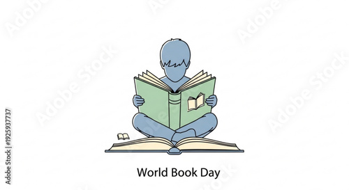Person reading a book on world book day with a green cover and sitting cross legged on an open book