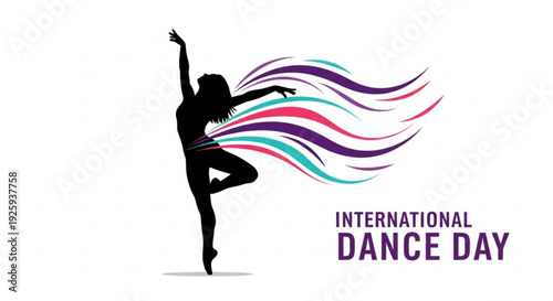 International dance day celebration with a dancing woman silhouette in colorful flowing ribbons