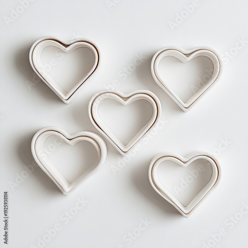 Five white heart-shaped cutters with metallic gold rims on white