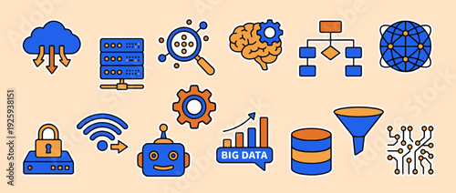 Big Data Icons: A collection of vibrant icons representing various facets of big data and modern technology. From cloud computing to data analysis.
