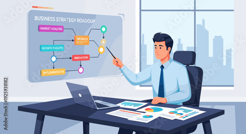Businessman presenting a business plan diagram.