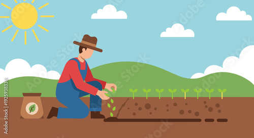 Farmer Planting Seedlings in Garden Bed.