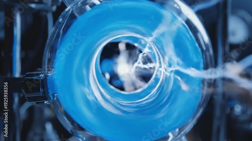 Blue laboratory glass apparatus in action with bright light and sparks