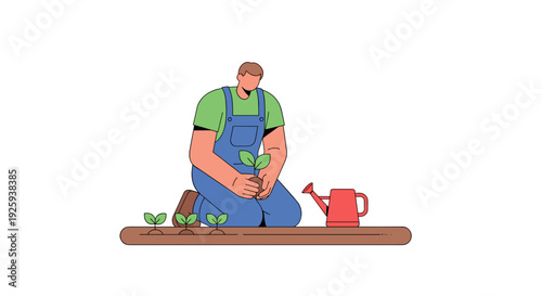 Gardener Kneeling with Watering Can and Plants.