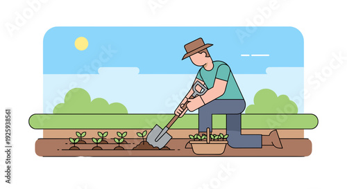 Man Digging Soil with Shovel in Garden.