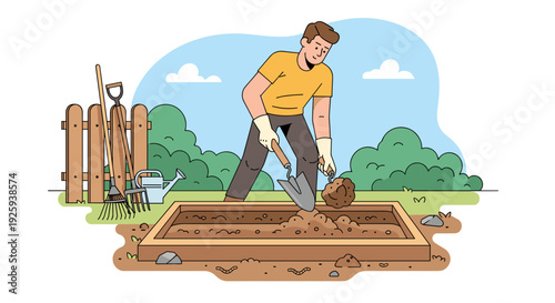 Man Digging Garden Bed with Shovel.