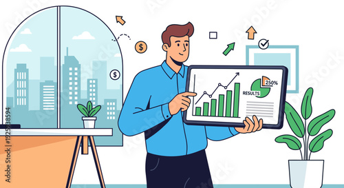 Man holding tablet with business graph.