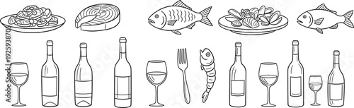A collection of fine dining illustrations featuring wine, seafood, and utensils from a top-down viewpoint