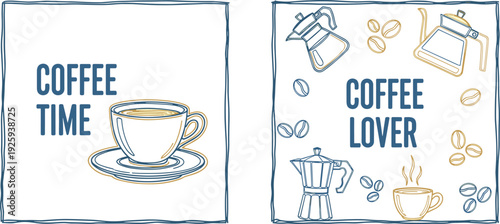 A simple line drawing of a coffee cup and saucer with the words coffee time and coffee lover surrounded by coffee beans and coffee maker