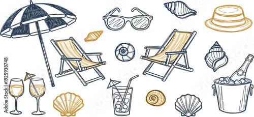 Relaxing beach scene with deck chairs, umbrella, cocktails, and seashells from a top-down viewpoint