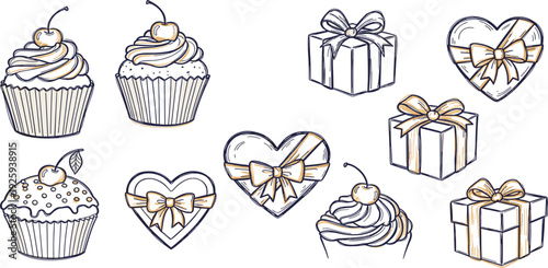 Assorted cupcakes and gift boxes with heart-shaped decorations, illustration, celebratory theme, white background, overhead view