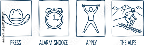 A set of icons representing various actions and objects including a hat, alarm clock, person exercising, and skier in the mountains.