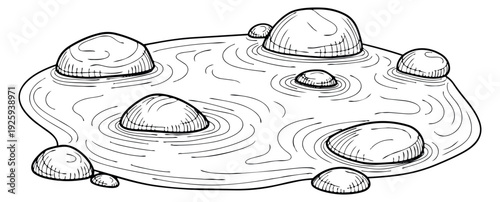 Hand drawn line art illustration of stones in water depicting ripples for nature and tranquility concepts