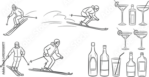 Skiers in action on the slopes with ski equipment and cocktail beverages illustrated in a graphic style