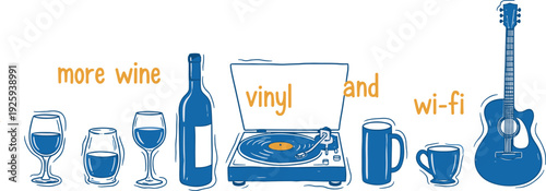 Assorted leisure items including wine glasses, a wine bottle, vinyl record player, coffee mug, and guitar arranged on a surface.