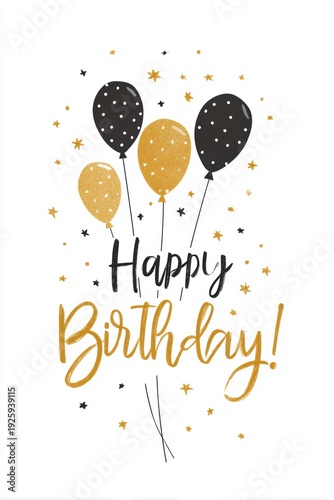 Wallpaper Mural Birthday celebration theme for party event. A black and gold birthday card with balloons and stars against a white background. The text reads Happy Birthday. Torontodigital.ca