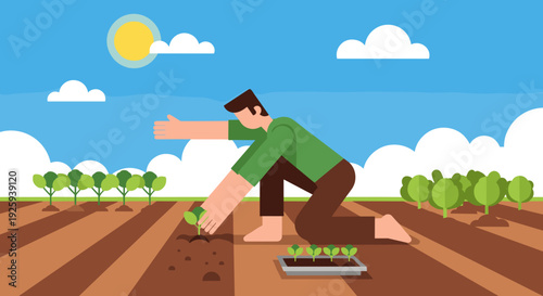 Man Planting Seedlings in Soil Field.