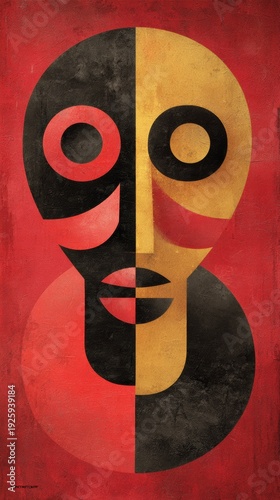 Abstract minimalist African design shows shapes and colors that create faces on a red background for modern wall art