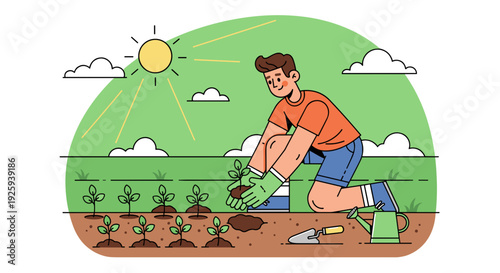 Man Planting Small Trees in Garden.