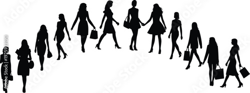Stylish women silhouettes walking with handbags, elegant female figures in fashionable dresses and high heels, black vector illustration isolated on white background
