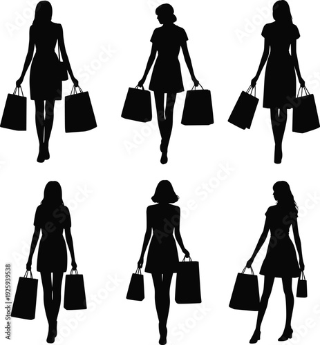 Women shopping silhouettes set, stylish female shoppers carrying bags walking in urban fashion, black isolated vector illustration collection for retail design