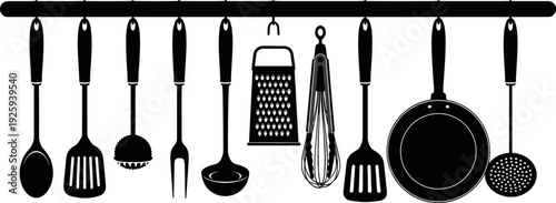 Hanging kitchen utensils silhouette set, cooking tools on rack, spoon, spatula, grater, whisk, frying pan vector illustration, black and white restaurant equipment