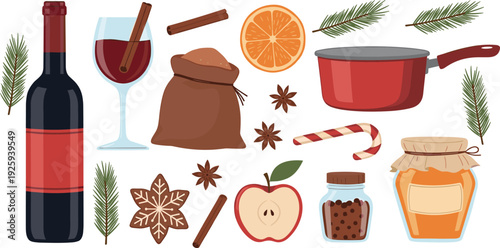 Illustration of Ingredients for Mulled Wine and Festive Drinks