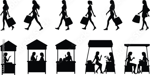 Women shopping silhouettes with bags and market kiosk scenes, black vector illustration set isolated on white background, retail consumer lifestyle concept