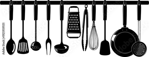 Hanging kitchen utensils vector silhouette set, cooking tools on a rack, grater, whisk, spatula, and pan graphic icons, culinary equipment design isolated.