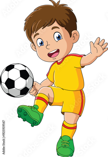 Happy cartoon boy playing soccer in yellow and red sports uniform, fun football vector illustration for kids activity design
