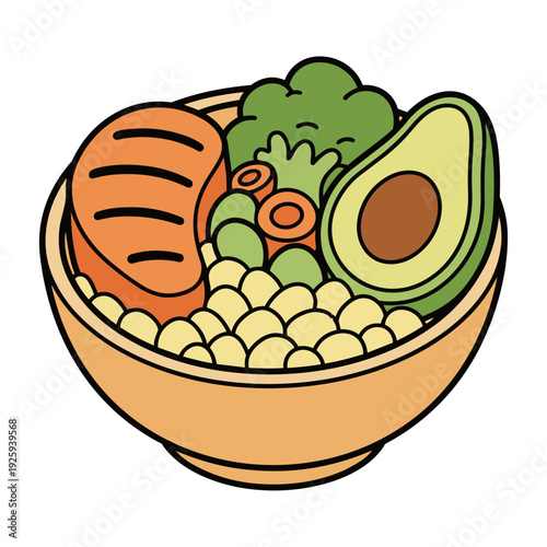 Healthy Nutritious Food Bowl with Salmon Avocado and Fresh Vegetables
