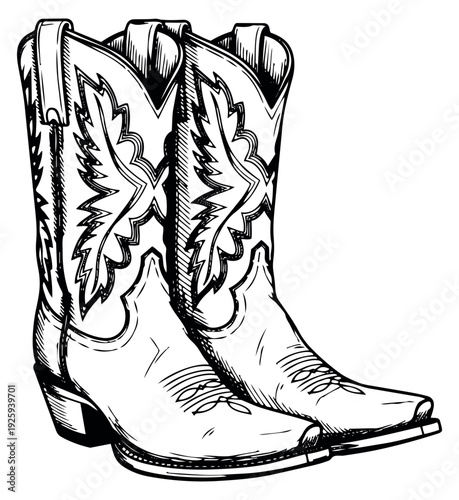 Hand drawn line art cowboy boots set featuring traditional western footwear for rodeo and country culture