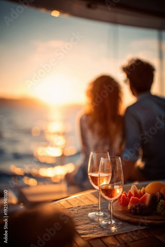 Wallpaper Mural Lovely couple romantic moment. Two people seated at a table on a boat, enjoying a sunset. The table is adorned with two wine glasses, a plate of fruit, and a cloth. The background is blurred. Torontodigital.ca