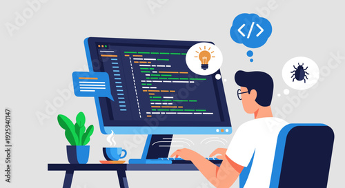 Man Working on Computer Coding Project.