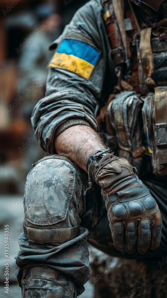 Obraz premium Ukrainian soldier with tactical gear and flag during military activity in operational setting