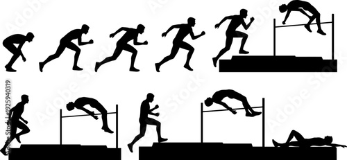 High jump athletics silhouette vector sequence, track and field running approach bar clearance and landing phases illustration isolated on white background