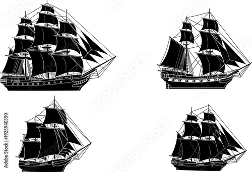 Historic sailing ship silhouettes collection, detailed black vector illustration set of classic tall ships, maritime transport, naval history, nautical design elements
