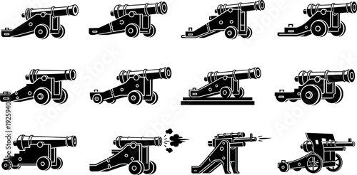 Historical cannon silhouette vector illustration set, vintage artillery firing designs collection, military war weapon icons, classic black cannon graphics isolated on white