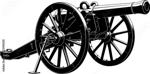 Historical cannon silhouette vector illustration, old artillery weapon on wheels, vintage military warfare equipment design isolated on white background, classic armament style