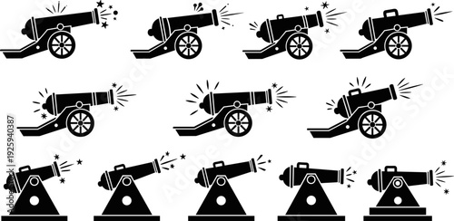 Historical cannon silhouette vector set, vintage artillery weapon icons collection, black and white military illustration isolated on white background