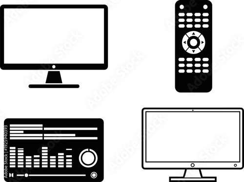 Home entertainment electronics silhouette vector set, television monitors remote control and audio interface icons in black flat style for media technology design