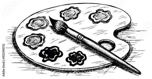 Hand drawn line art illustration of an artist's palette with paintbrush depicting painting supplies for creative themes