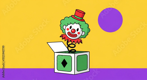 April Fools Day Classic Jack-in-the-Box Toy with a Clown Emerging from a Box Against a Vibrant Yellow and Purple Background