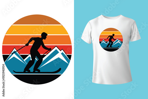 t shirt design born to ski with silhouette man playing ski flat illustration