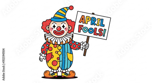 Colorful clown holding an april fools sign with a cheerful expression on a plain white background