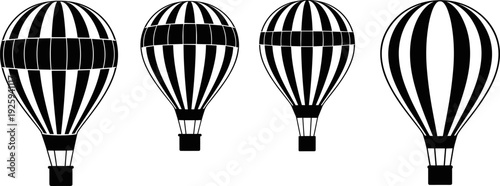Hot air balloon silhouette collection, aviation travel and adventure symbols set, striped balloon designs, black vector illustration isolated on white background