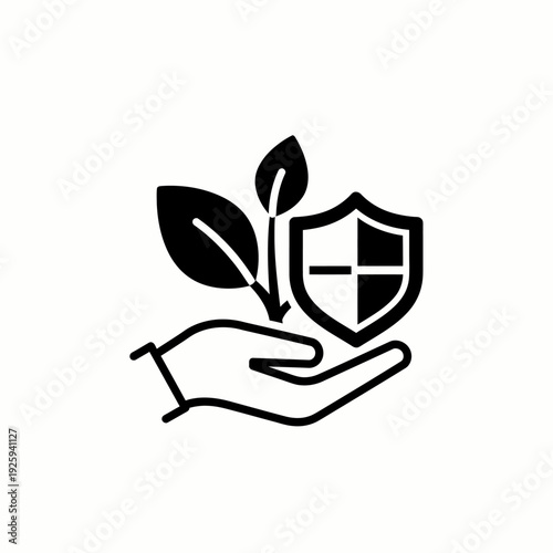 Protecting nature and supporting growth with an icon of a hand holding a plant and shield
